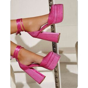 CUCCOO Baddie Barbie Pink Rhinestone Double Platform Ankle Tie Block Heel Sz 38